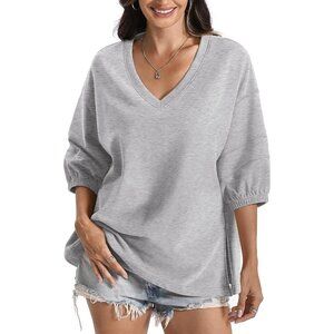 Women's Cotton V Neck Sweatshirt 3/4 Sleeve Slouchy Fit Trendy Casual Top